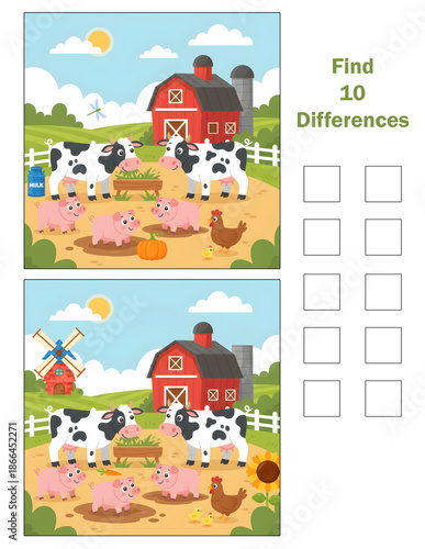 Find differences, education game -  Farm Worksheet – Fun Farm Animals Puzzle for Kids