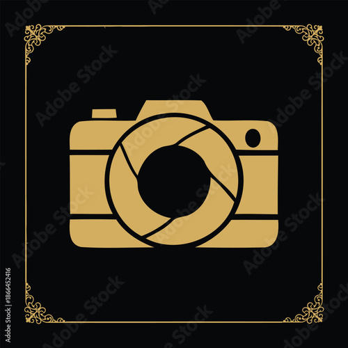 Premium Gold Camera Icon with Ornate Decorative Border and Aperture Lens Design Elegant Professional Photography Logo Vector Symbol for Branding and Media.