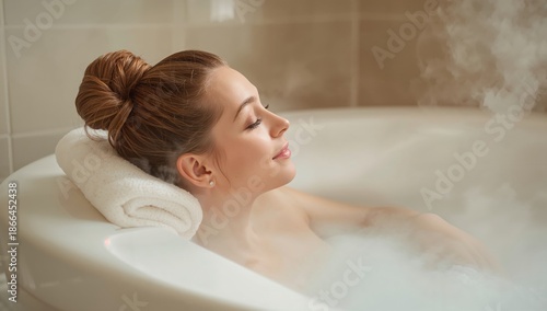 Woman Relaxes in Bathtub With Steam and White Towel in Bright Bathroom Setting