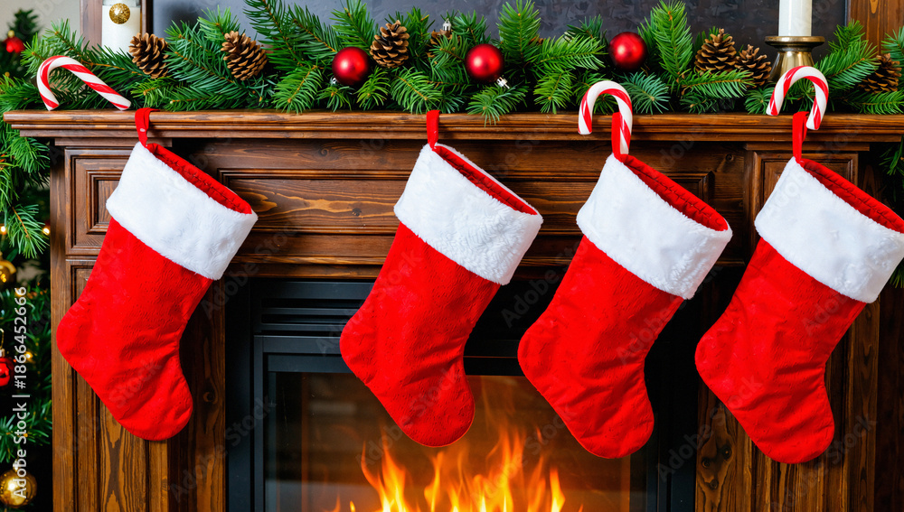 Fototapeta premium Red Christmas Stockings Hanging on Wooden Mantel with Fireplace