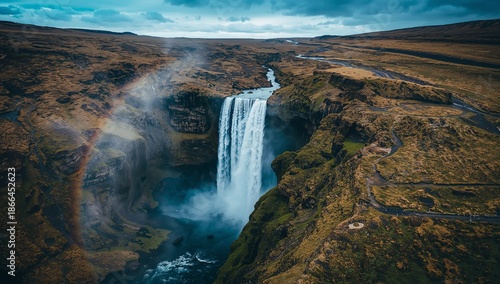 Waterfall With Mist and Rainbow in Icelands Landscape During Daylight