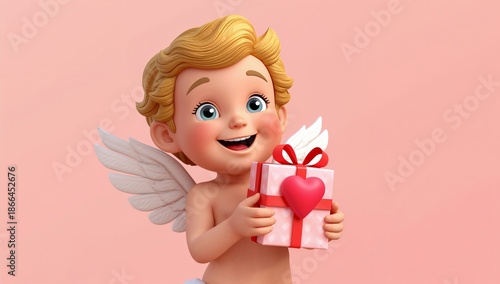Cute Angelic Figure With Gift Standing Against a Pink Background During a Fes...