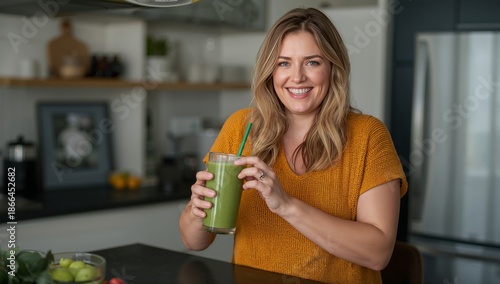 Woman Blends Green Smoothie in Kitchen With Fresh Fruits and Vegetables Nearby