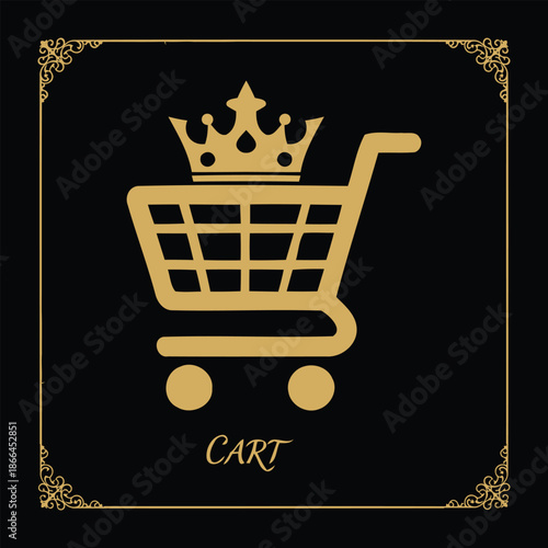Premium Gold Shopping Cart with Royal Crown Icon. Elegant VIP E-commerce Vector Symbol for Luxury Retail, Elite Membership and High-End Online Boutiques.