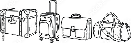 Set of 4 Suitcase types outline vintage trunk rolling luggage briefcase and duffel bag