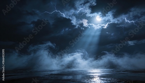 Moon, Cloud, Night Sky Over Dark Waters - Moonlight Through Storm Clouds Fog, Stormy Sea, Ship in Distance - Serene Night Voyage
