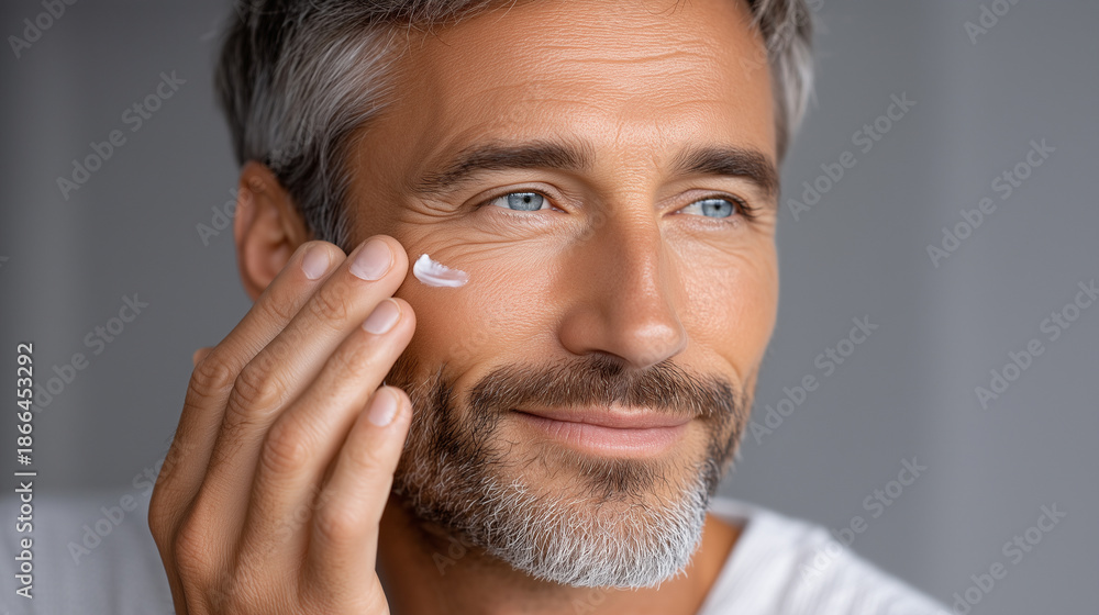Fototapeta premium portrait of a middle-aged American man with gray hair and beard applying anti-aging face cream, tight cropped composition focusing on eye, cheek