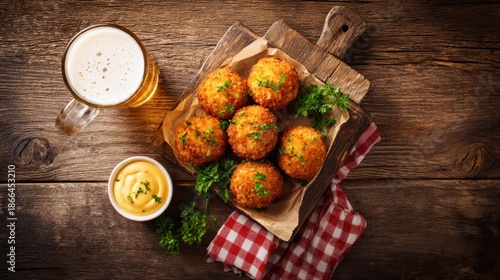 Arancini Balls with Soda and Dip on Wood