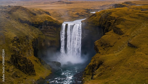 Waterfall Flows Down Steep Rocks in a Wide Valley With Grassy Hills and Dista...
