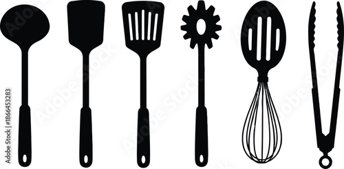 Set of 6 kitchen utensils flat vector illustration soup ladle spatula pasta server slotted spoon whisk and tongs\