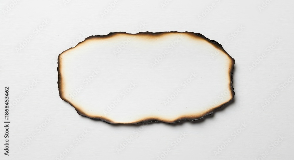 Fototapeta premium A singed, rectangular piece of blank paper with heavily charred edges lies flat on a clean white background, providing texture ,blank, danger, material