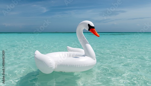 Swan Float in Clear Water on a Sunny Day at the Beach in a Tropical Location