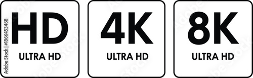 HD 4K 8K Ultra HD resolution icon set for video quality, display standards and media technology flat vector illustration