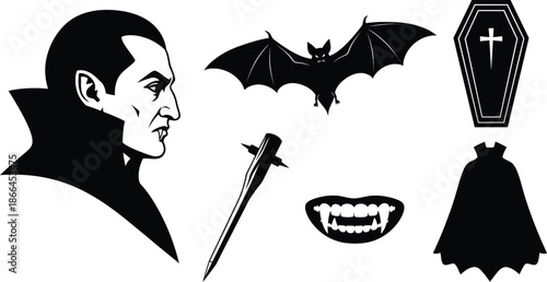 Set of 6 Vampire motifs silhouette dracula profile flying bat coffin wooden stake fangs and cape