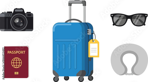 Set of 6 travel items flat vector illustration showing a rolling suitcase passport camera sunglasses neck pillow and luggage tag