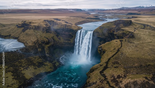 Waterfall With Mist and Rainbow in Icelands Landscape During Daylight