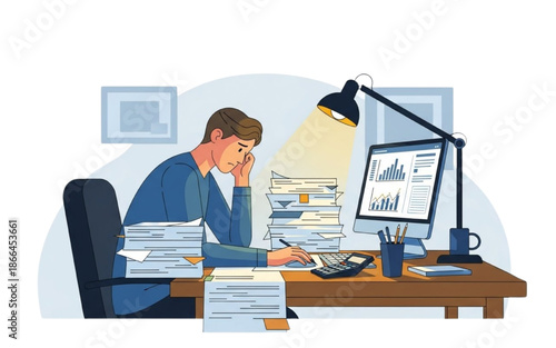 Financial Analysis Pressure with Exhausted Worker Surrounded by Reports and Calculations