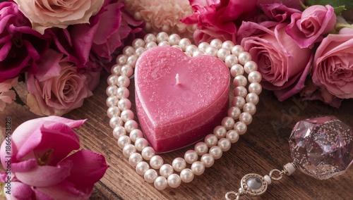 Pink Heart Candle Placed Among Flowers and Pearls on a Wooden Surface for Dec...