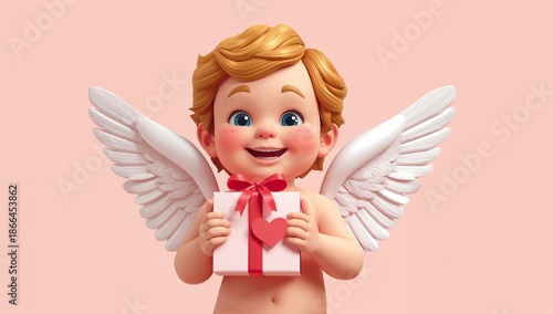 Cute Angelic Figure With Gift Standing Against a Pink Background During a Fes...
