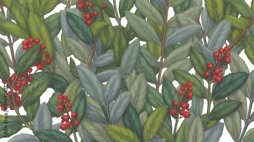 Vibrant botanical illustration with lush green leaves and bright red berries creating a seamless natural pattern perfect for decorative backgrounds and textile