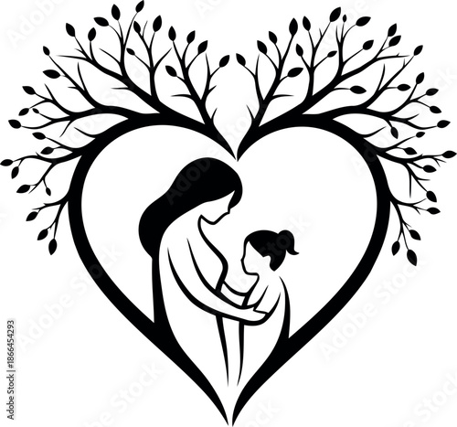 Motherhood love heart tree silhouette vector illustration isolated on transparent background