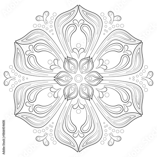 Fantasy stylized flower coloring page. Monochrome plant Indian mandala ornament. Ornamental filigree round design element. Ethnic oriental floral decor for clothes, home, office, stationery