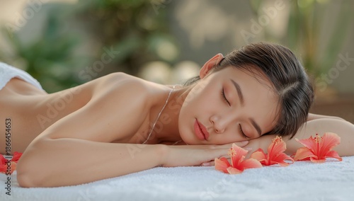 Woman Relaxing During Spa Treatment With Flowers at Outdoor Location