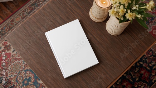White Book on a Wooden Table Beside a Candle and Flowers in a Cozy Room Setting