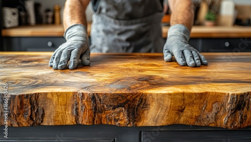 Gloved hands rest on a beautiful, polished live-edge wooden countertop, showcasing rich natural grain and texture