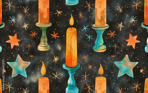 Candle repeat pattern with stars and festive glow. Christmas concept.