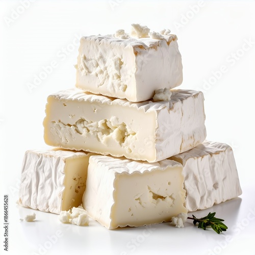Delicious stack of soft cheeses, presented on a pristine white backdrop, evokes culinary indulgence