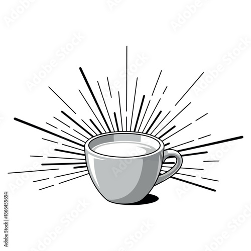 A steaming cup of coffee or tea with radiating lines a simple black and white illustration