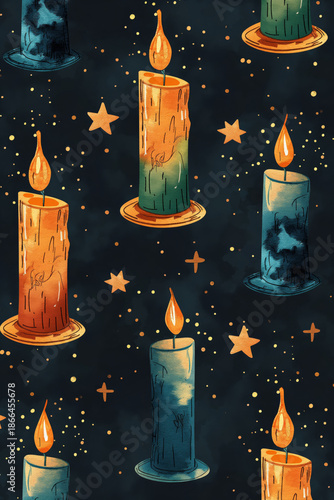 Vintage candle illustration pattern with night sky stars. Christmas concept.