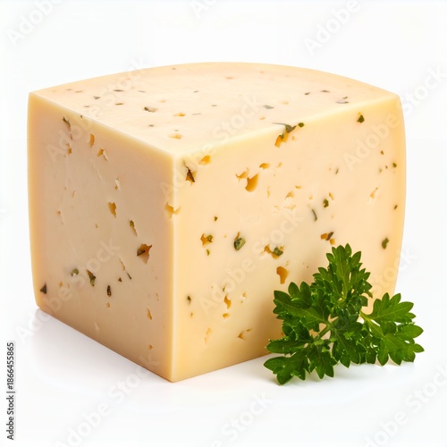 Artisanal cheese cube adorned with flavorful herbs displayed on a white background