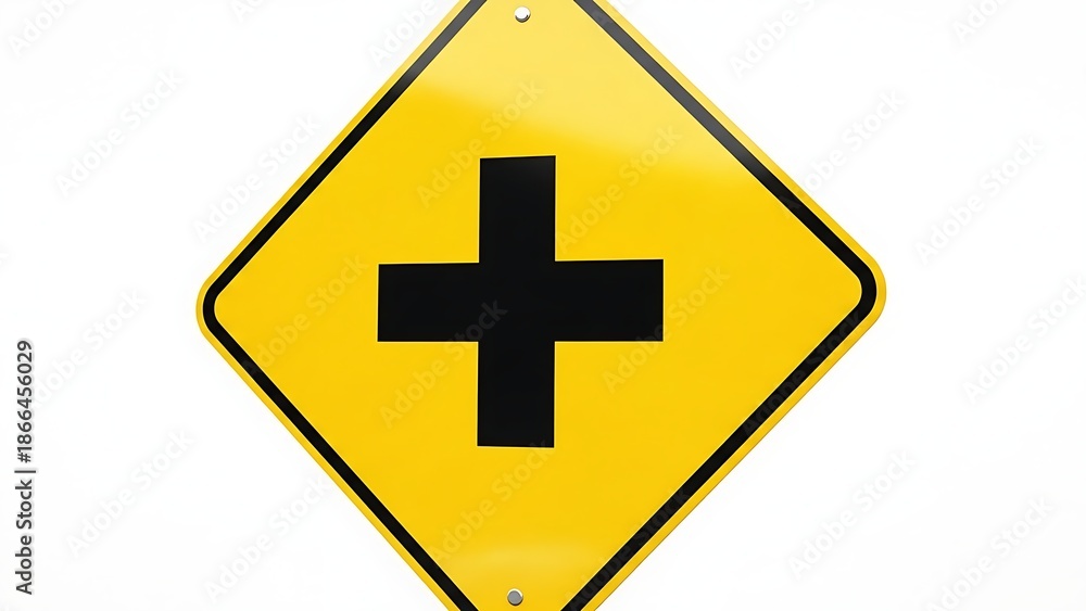 Obraz premium Yellow diamond shaped road sign with black cross symbol