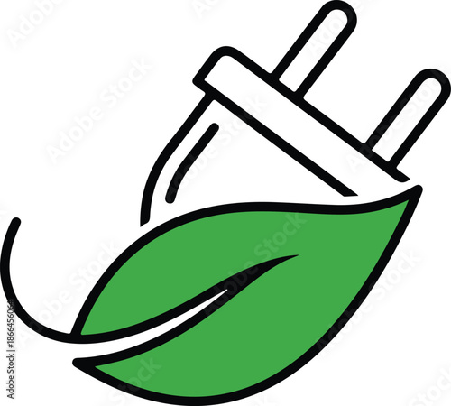 Green energy concept icon with electric plug and leaf line art illustration for eco-friendly technology.
