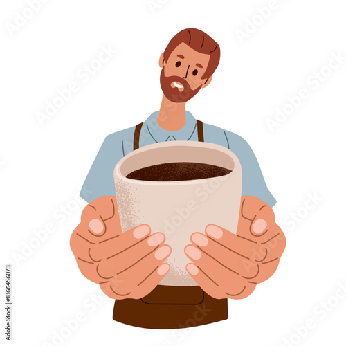  Large portion of coffee. Young man with beard offering giant coffee cup. Fatigue, lack of vigor concept. Cup in hands. Flat vector illustration isolated on white background. Guy drinking coffee.