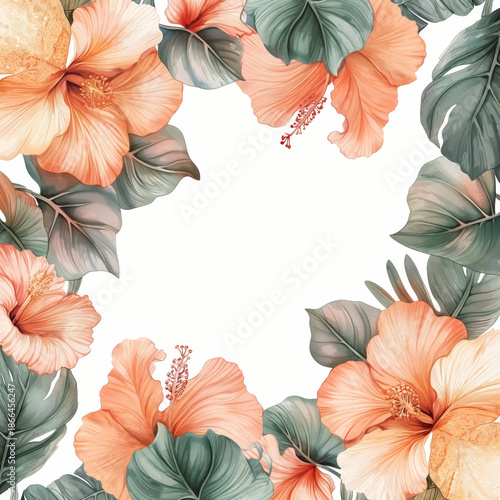 Watercolor hibiscus floral border template with empty center. Summer concept.
