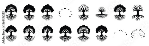 First Day of Black History Month ancestral roots tree silhouette icon set