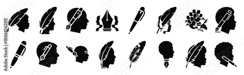 First Day of Black History Month black authors pen silhouette icon set