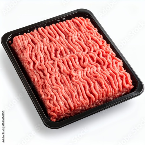 Rectangular black tray showcasing ground beef on a stark white background