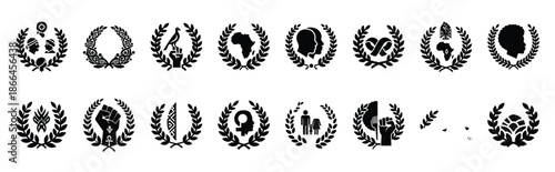 First Day of Black History Month black heritage laurel silhouette icon set