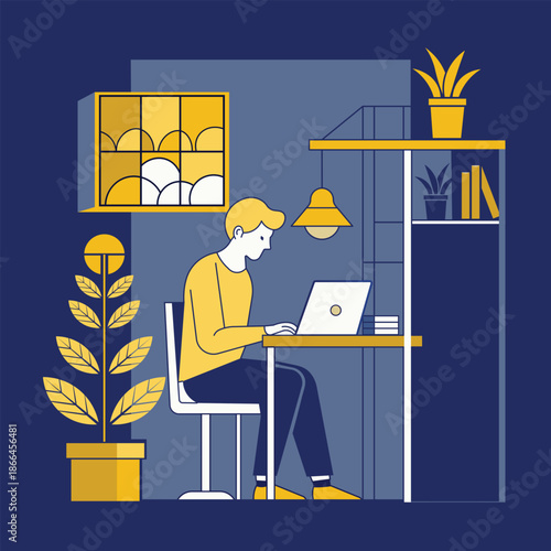 Remote Work Illustration. Person Working on Laptop in Modern Home Office