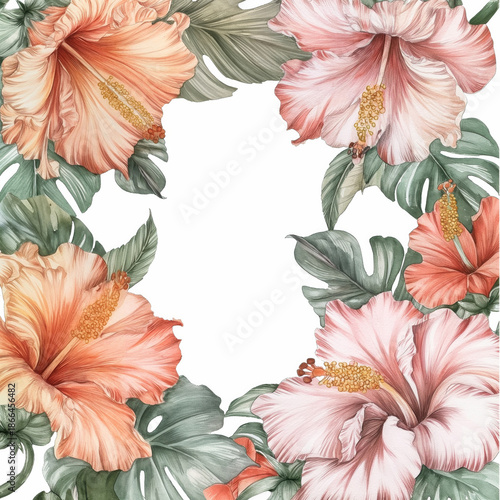 Watercolor tropical hibiscus floral frame on white background. Summer concept.