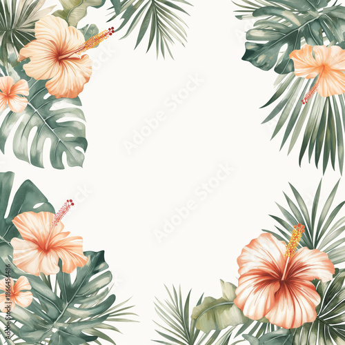 Tropical green and orange floral frame on white background. Summer holiday design concept.