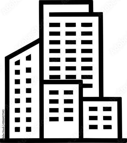 Minimal Black and White City Building Icon, Simple Skyscraper Silhouette for Real Estate and Urban Design
