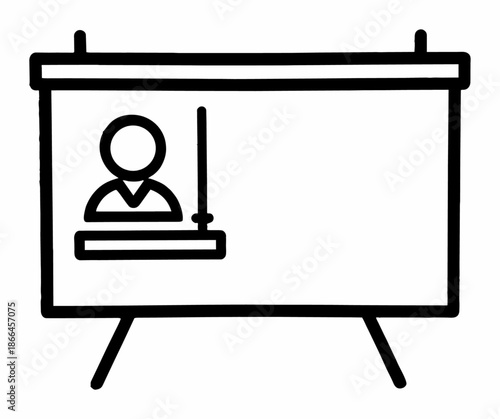 Online Presentation and Teaching Icon with Instructor at Whiteboard, Minimal Blackboard Silhouette for Education and Training
