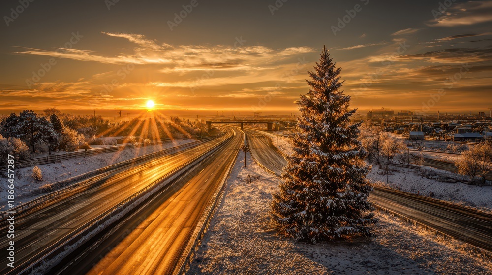 Fototapeta premium Frozen beauty of a highway with a Christmas tree