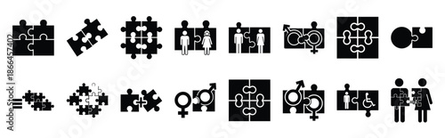 First Day of Black History Month equality puzzle pieces silhouette icon set
