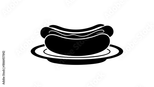 Delicious hot dog on a plate, a classic American treat in a black and white silhouette